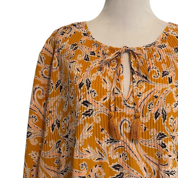 DR2 Mustard Paisley Blouse Womens Large Plisse Accordion Pleat Tassel Boho Top - Picture 3 of 11